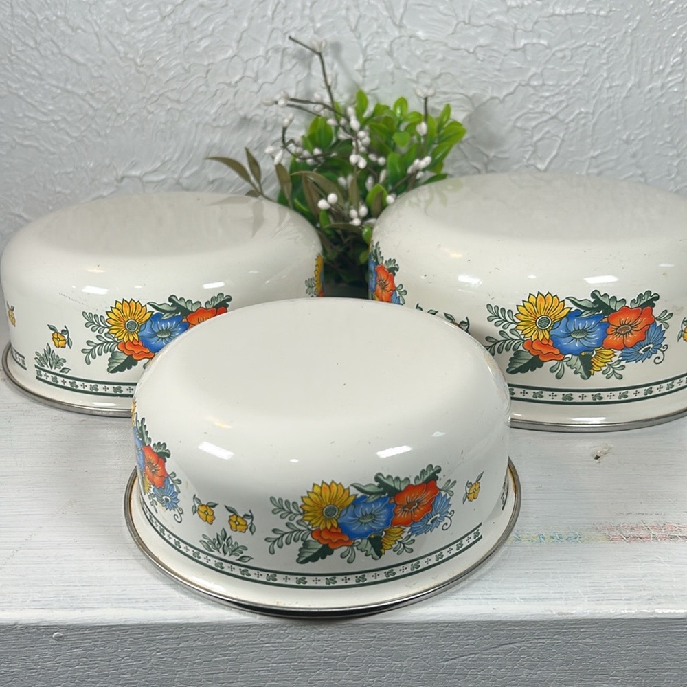 VTG Enamelware Old Amsterdam Floral & Leaf Mixing Nesting Stackable 3 Bowls - Picture 6 of 15